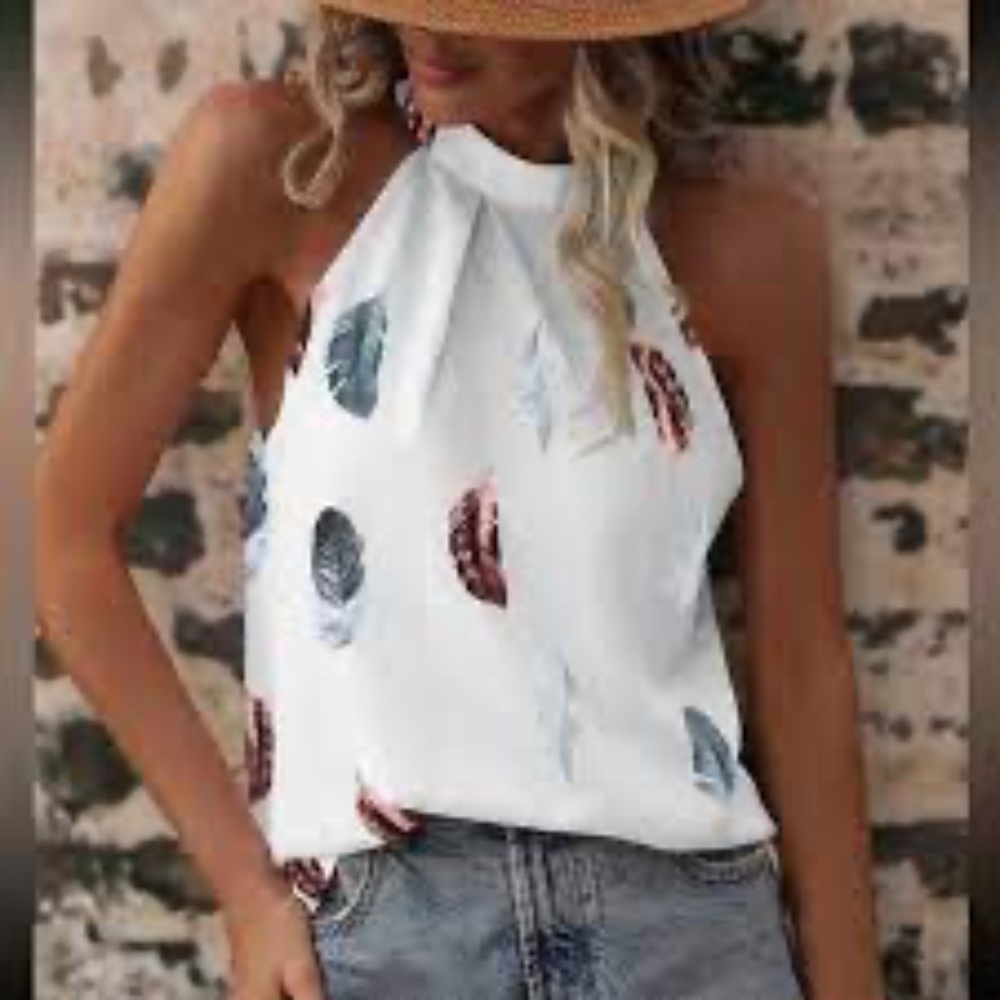 NEW NWT Boho Feather Print Halter Neck Top. White. Large (8/10)